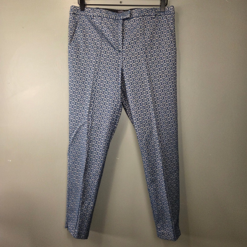 Topshop Women's Brocade Pants Geometric Mosaic Print Blue Gold Size 10